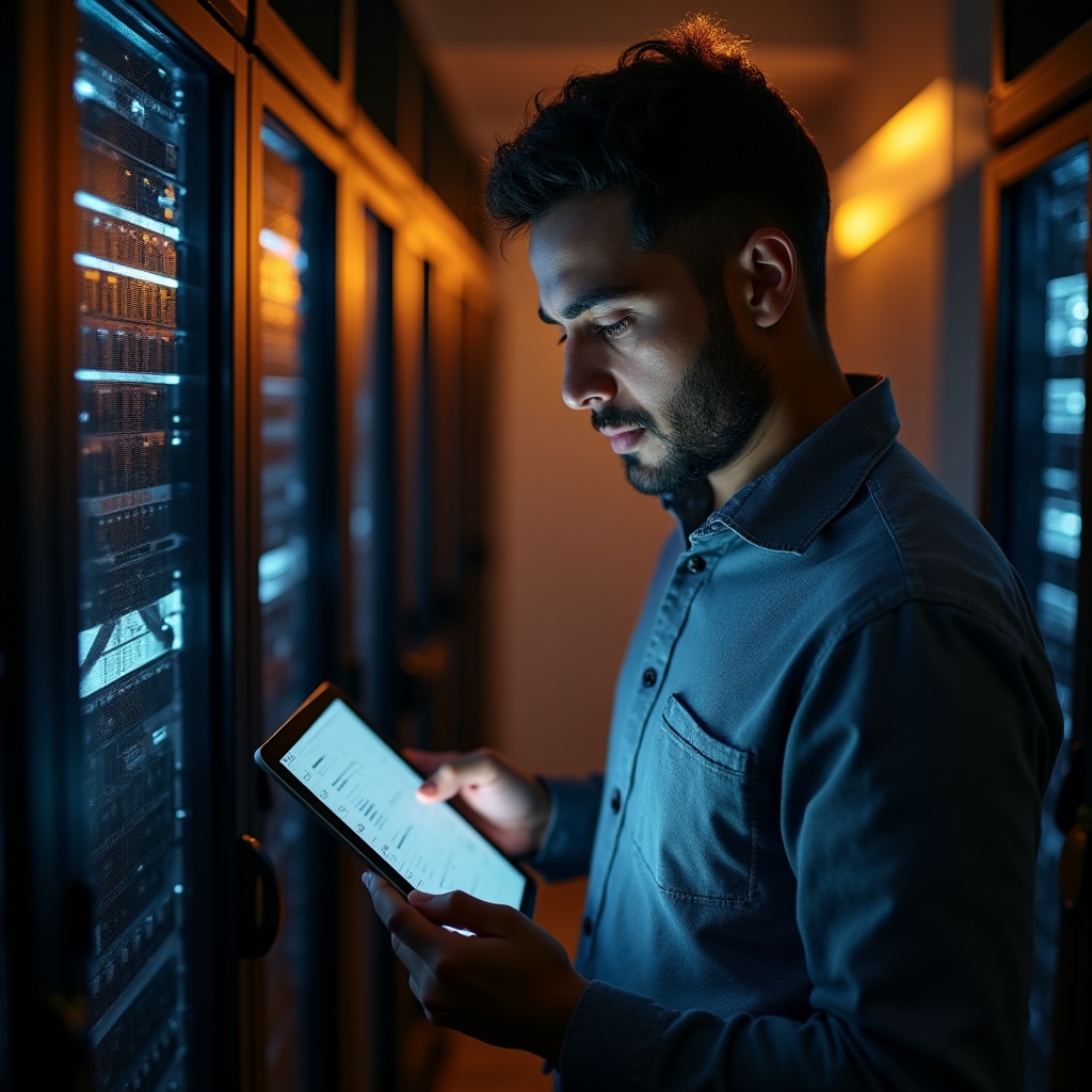 Técnico realizando auditoría de red en un espacio de coworking