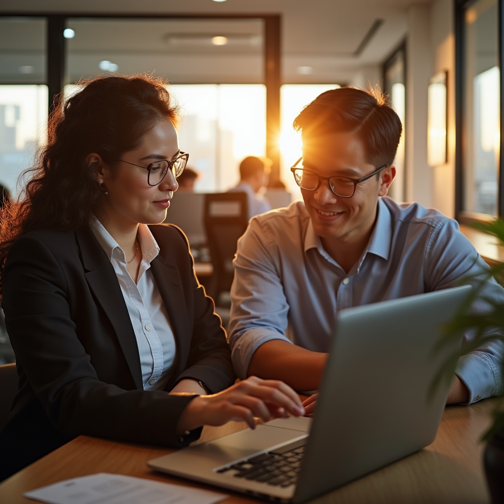 Especialista de soporte técnico asistiendo a un cliente en un espacio de coworking